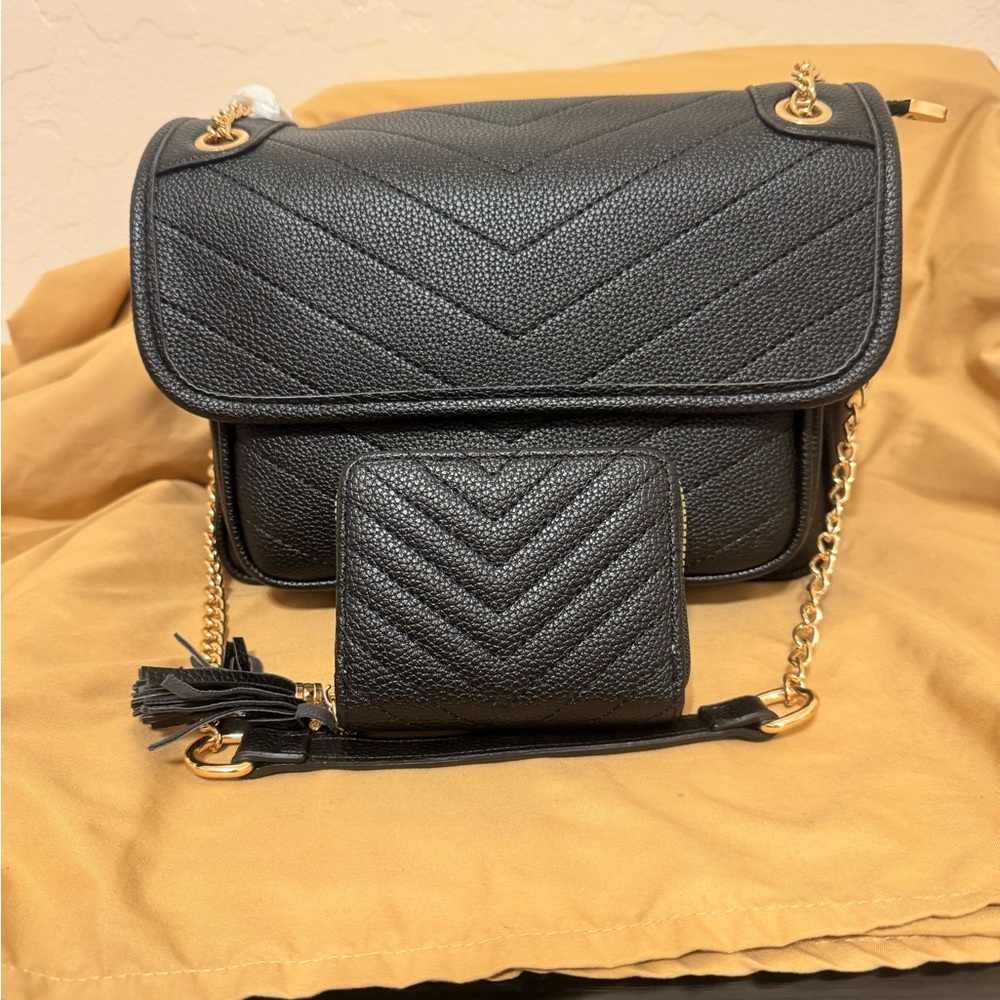 Black Vegan Leather Crossbody Bag with Matching Wallet